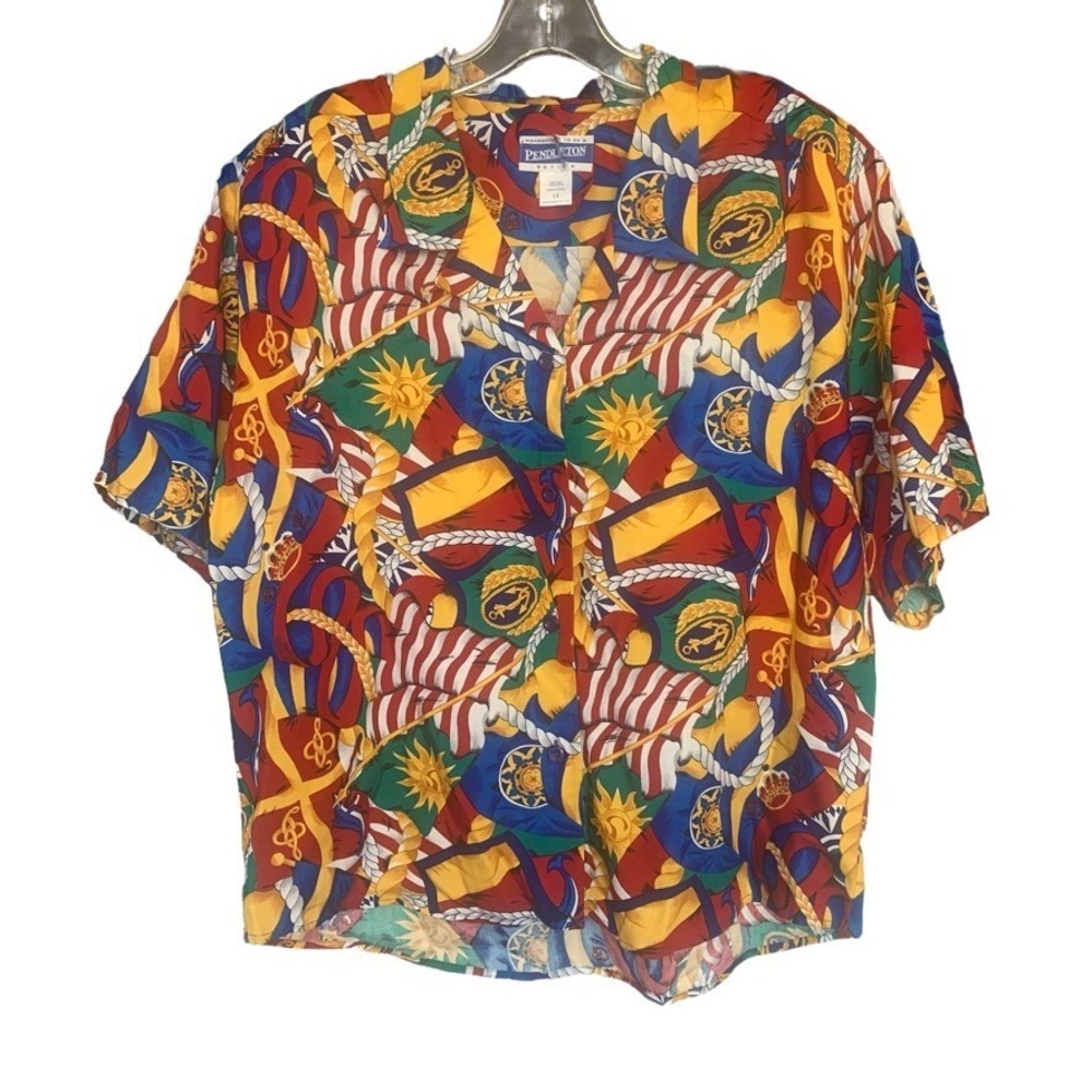 Vintage NWT Womens Pendelton 14 L Button Down Colorful Captain Nautical‎ Flag